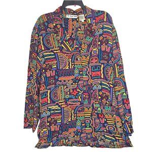 Vintage 1980s 100% Silk Long Sleeve Button-Up Blouse Funky Bright Colors Large